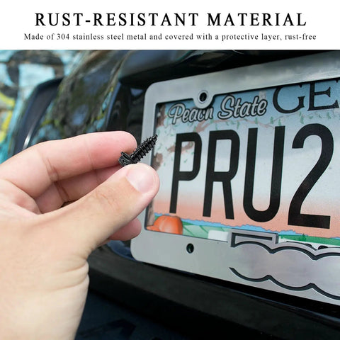 Hand holding screw next to license plate showing 4 Piece Car License Plate Screw Kit Self Mounting For Front And Rear Plates Rustproof