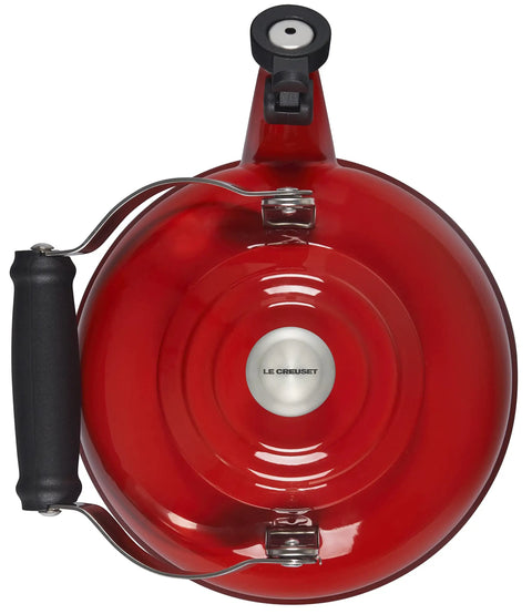 Top view of Cerise Enamel On Steel Whistling Tea Kettle, 1.7 Qt Go-To Stovetop Essential With Quick Boil, Nonreactive Finish Resists Rust.