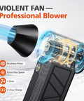 Cordless Air Duster With 130000 RPM Motor showing internal high-torque motor, features 52m/s wind, and 4-speed modes
