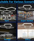 Hexagon Garage LED Light 168W Honeycomb Ceiling Panel 6500K RGB 20736LM Super Bright installed in gym, supermarket, garage, office.