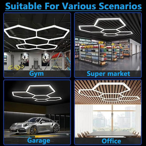 Hexagon Garage LED Light 168W Honeycomb Ceiling Panel 6500K RGB 20736LM Super Bright installed in gym, supermarket, garage, office.
