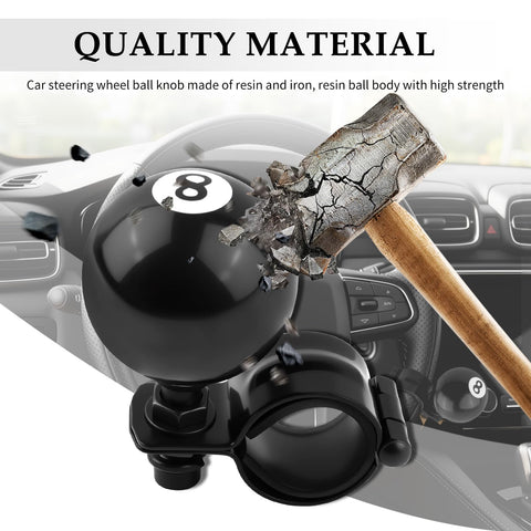 Black 8 Ball Steering Wheel Knob Spinner, made of resin and iron, shown in car interior, featuring impact-resistant design