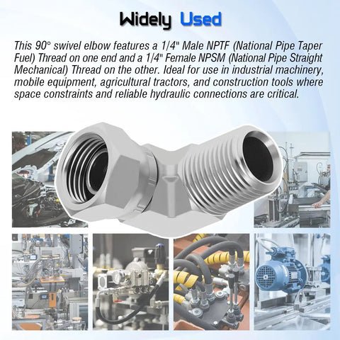 Super Handy 1/4 Inch Male NPTF To 1/4 Inch Female NPSM Ninety Degree Swivel Elbow Adapter Fitting Built Tough For Hydraulic Circuits And Makes Pipe Connections Easy In Your Workshop Or Garage Setup, 90° steel fitting