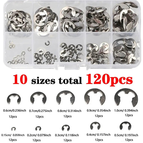 304 Stainless Steel E Clip Retaining Rings Kit 1.5 to 10 Mm Shaft Fasteners Circlip Assortment 120 Pcs Set in box
