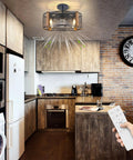 Farmhouse Caged Ceiling Fan With Lights And Remote Control in rustic kitchen setting, 17 Inch Low Profile Rustic Wood Color, Reversible DC Motor, 7-Blade Bedroom Fan For Kitchen Or Dining Room, Dope Farmhouse Vibe, Flush Mount Or Pendant Light