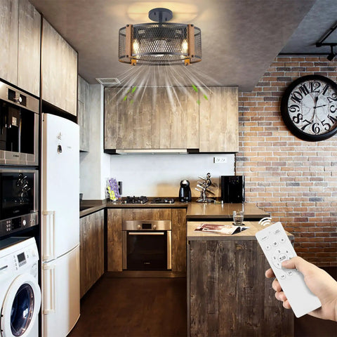 Farmhouse Caged Ceiling Fan With Lights And Remote Control in rustic kitchen setting, 17 Inch Low Profile Rustic Wood Color, Reversible DC Motor, 7-Blade Bedroom Fan For Kitchen Or Dining Room, Dope Farmhouse Vibe, Flush Mount Or Pendant Light