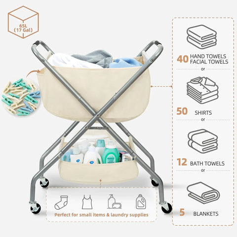 Collapsible Laundry Cart With Wheels 65L 17 Gal Rolling Hamper Clothes Basket On Wheels Space Saving Steel Frame Beige