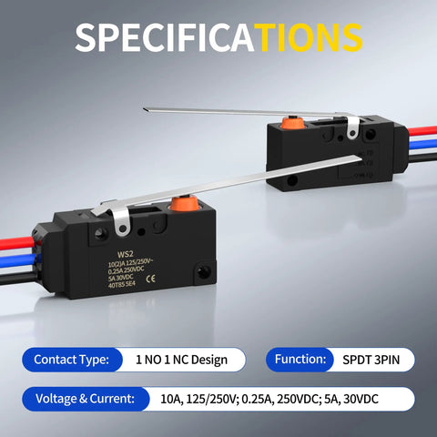 Waterproof Micro Limit Switch With Long Hinge Lever SPDT 3 Pin 10A 125V 250V Prewired For Arduino Appliances, showing specifications.