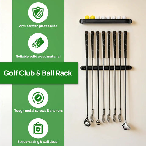 Dope Wall Mounted Golf Club Rack With 8 Clips And Golf Ball Display, Wooden Organizer for wall display in sports room.