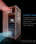 Image of a wooden AV cabinet with Ultra Quiet 8 Inch Cooling Fan System With Multi Speed Control, airflow visualization.