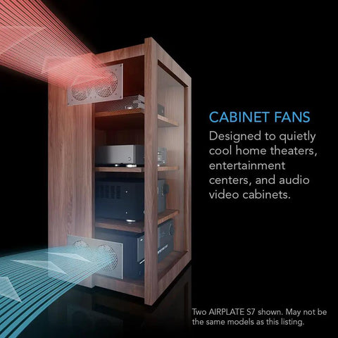 Image of a wooden AV cabinet with Ultra Quiet 8 Inch Cooling Fan System With Multi Speed Control, airflow visualization.