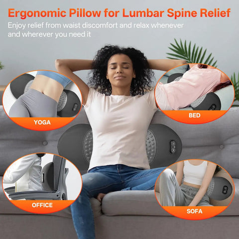 Sudahia 3in1 Electric Back Massager With Heat Vibration And Traction Lumbar Support Pillow For Bed And Chair on a sofa, used for spine relief.