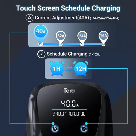 Level 2 Electric Vehicle Charger J1772 40 Amp 240 Volt Home Evse With Nema 14 50 Plug 25 Ft Cable ETL Certified touch screen display for charging adjustments.