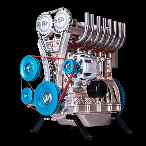 4 Cylinder Metal Engine Model Kit That Actually Works With 325 Precision Parts For DIY Car Engine Build Perfect For Gearheads And Science Buffs Aluminum Finish DM13, front view