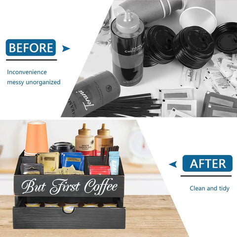 Before and after of Solid Wood Coffee Station Organizer With Drawer For K Cup Pods And Tea Bags Countertop Bar Accessories