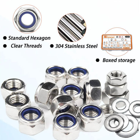252 Piece Hex Nut and Lock Nut Set With Flat Washers in 304 Stainless Steel M3 to M12 Seven Sizes Pro Grade Hardware