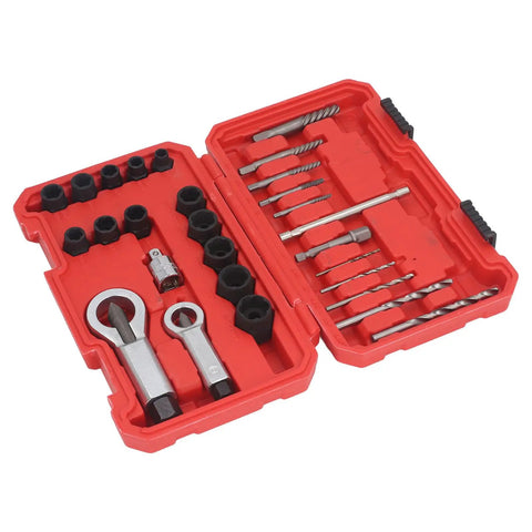 FTVOGUE 28Pc Cr Molybdenum Screw Extractor Kit With Hammer Drill Bits Removes Broken Bolts And Rusty Nuts Fast For Home Garage Auto Repair Pros red case open with extractors, bits, and sockets