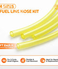 Dope Four Size Fuel Line Hose Kit For 2 Cycle Small Engines, 4 Ft Total Length, Yellow Tubing with labels and features