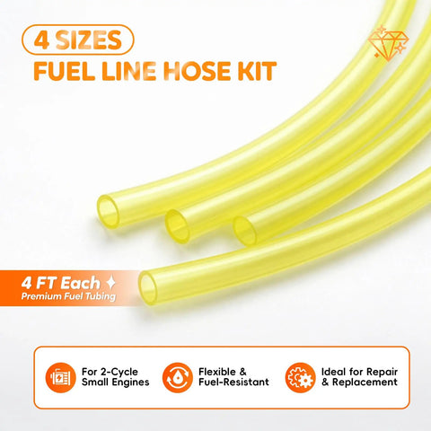 Dope Four Size Fuel Line Hose Kit For 2 Cycle Small Engines, 4 Ft Total Length, Yellow Tubing with labels and features
