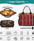 Desert Monster Insulated Lunch Bag Cooler With Detachable Shoulder Strap showing top and front views with fruit and cans inside