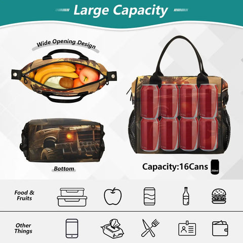 Desert Monster Insulated Lunch Bag Cooler With Detachable Shoulder Strap showing top and front views with fruit and cans inside