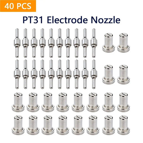 Premium 40-Piece Pt31 Plasma Cutter Consumables Kit includes electrodes and nozzles for 40-amp machines.