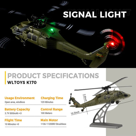 UH60L Black Hawk RC Helicopter With Brushless Main Motor 4CH Remote Control displaying night signal lights and specifications