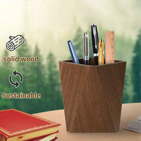 Walnut Diamond Shaped Wooden Pencil Holder Desk Cup With Big Capacity And Smooth Wax Finish Built Tough From Solid Wood