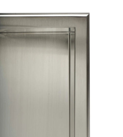 Close-up of 16 By 16 Inch Square Brushed Stainless Steel Bath Shower Niche Ready To Mount Fully Finished No Tile Work Clutter Free