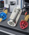 JurwheeR AC Oil Filter Kit With Visual Coolant Inspection Tool And Transparent Tube For Easy Sludge Check, featuring brass valves and sight glass.