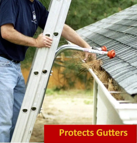 Standoff Ladder And Gutter Cleaning Bundle With Original Stabilizer in use, demonstrating safer roof gutter maintenance.