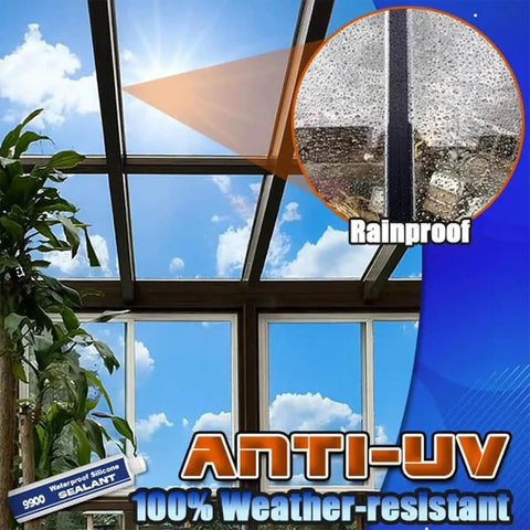 Premium Heavy Duty Waterproof Sealant Adhesive With Advanced Polymer Tech. Visible sealant on glass, rainproof application for outdoor use.