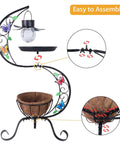 Vintage Solar Bird Bath With Flower Planter Pedestal showing assembly details, featuring metal frame with solar LED light and planter base.