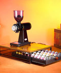 Wood And Iron Coffee Pod Holder Organizer For Drawer with pods and grinder, fits 40 Large or 52 Small Capsules, sleek design