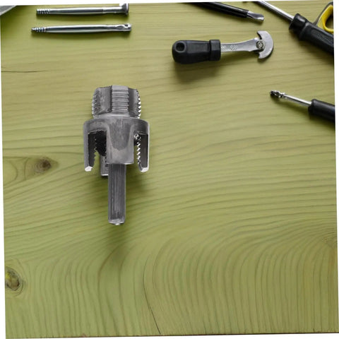 BAZEITFLOW 3 Piece PVC Pipe Threader Tool Set includes an external thread cutter on a wooden surface for plumbing projects.