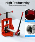 Heavy Duty Ratchet Pipe Threader Kit With Five Swappable Die Heads For Galvanized And Steel Tubing Built Damn Tough Cast Iron Design showing sharp blade and neat threading effect.
