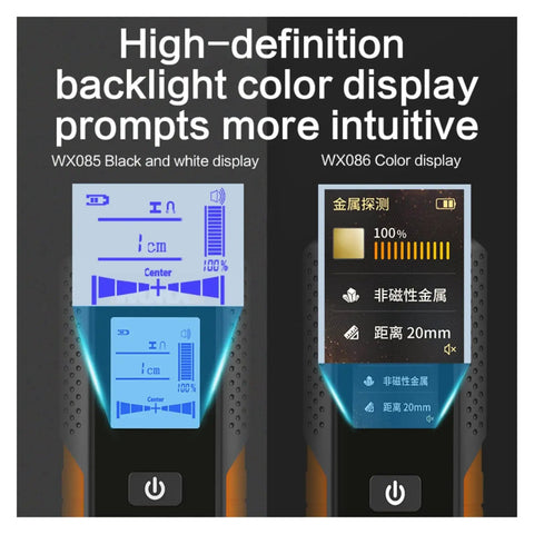 Straight Up 3 In 1 Wall Scanner Featuring Knockout Range And Bright Color Screen showing WX085 and WX086 displays.
