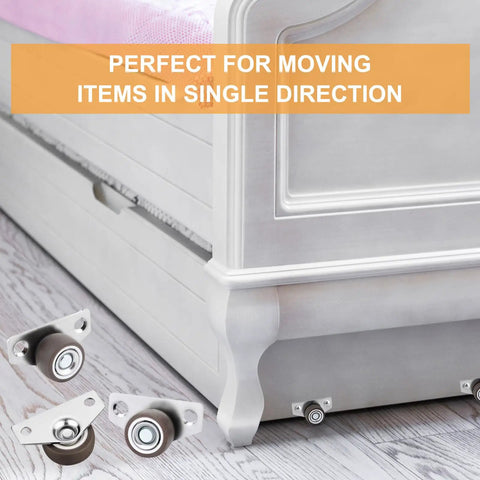 Rigid Side Mount 1 Inch Caster Wheels Built Tough For Furniture And Cabinets, Non Swivel, installed on white bed frame