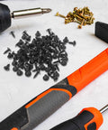 Hardcore Carbon Steel Mini Wood Screws Deep Thread Fasteners Furniture Hardware Kit No Sweat Assembly Tough Little Bolts For Home Repair Heavy Duty Small Screw Replacement Kit 100 Pack scattered on a work surface with tools.