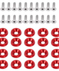 20 Piece Billet Aluminum Fender Washers Kit For Universal Engine Bay Dress Up, Durable Aluminum Alloy Bumper Washers With Included Bolts For Auto Customization, Sleek Lightweight And Rust Resistant Fastener Set. Red billet aluminum fender washers with silver bolts arranged in rows