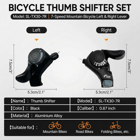 7 Speed Right Thumb Trigger Shifter and 3 Speed Left Thumb Shift Lever Set for Mountain City Road Folding Bikes