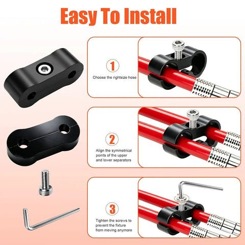 Premium 8 Pack Brake Line Separator Clamp Kit For 3/16 Inch Lines With Solid Aluminum Clamps Heavy Duty Screws And Pro Wrench Tool To Fix Your Ride Smoothly Today, black clamp installed on red brake line