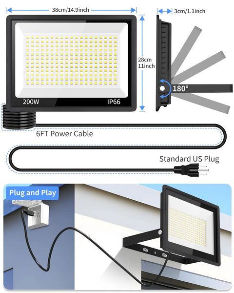 Heavy Duty Plug In LED Flood Light Delivering Hella Bright 24000 Lumens With Rugged IP66 Weatherproof Design For Backyard And Garage Illumination Featuring Top Tier 200 Watt Diodes Emitting Crisp 5000K Daylight White 120 Angle Beams