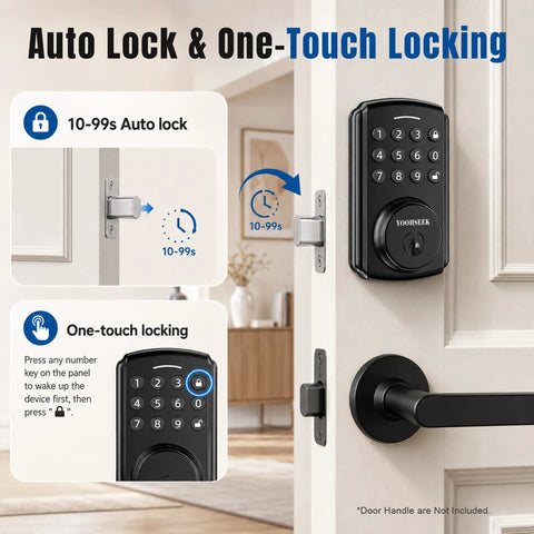 Programmable Electronic Keypad Deadbolt Keyless Entry Door Lock For Bedroom Closet Apartment Hardware Matte Black Finish with one-touch locking feature.