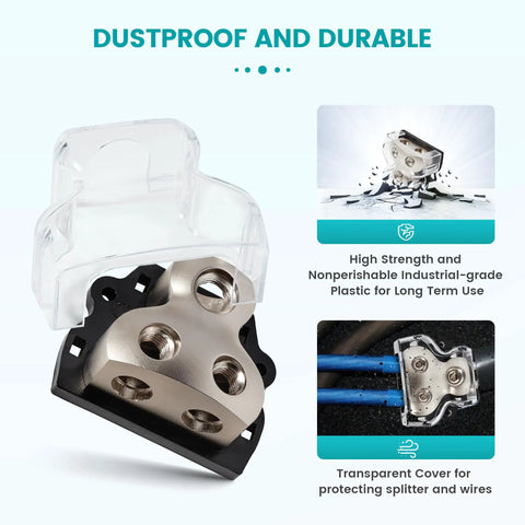Two Way Power And Ground Distribution Block For Car Audio Zine Alloy In 0/2/4 Gauge And Out 4/8 Gauge Two Channel Amplifier Splitter Heavy Duty Grounding And Power Hub For Easy Install 1 Piece, transparent cover