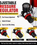 Adjustable pressure regulator on Beefed Up Heavy Duty Fifty To One Air Operated Grease Pump With Sixteen Foot Hose For Twenty To Fifty Five Gallon Pails Industrial Pneumatic Grease Gun For Workshops And Construction Speedy Output GZ 740S. Includes steps for adjusting knob.