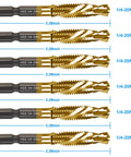 Six Piece Combination Drill Tap Bit Set SAE One Quarter Twenty NC Thread Size Titanium Coated High Speed Steel With One Quarter Inch Hex Shank for fast drill and tapping shown in rows, with dimensions and thread size labeled.