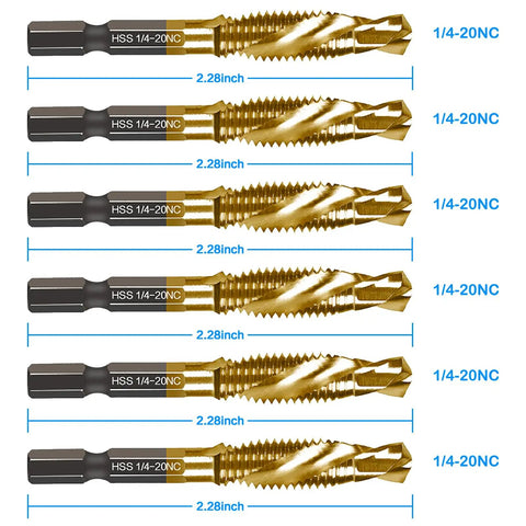 Six Piece Combination Drill Tap Bit Set SAE One Quarter Twenty NC Thread Size Titanium Coated High Speed Steel With One Quarter Inch Hex Shank for fast drill and tapping shown in rows, with dimensions and thread size labeled.
