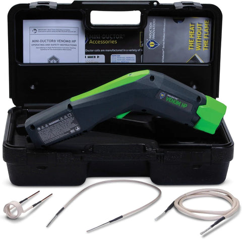 Front view of Mini-Ductor Venom HP handheld induction heater in a black rugged case with coils