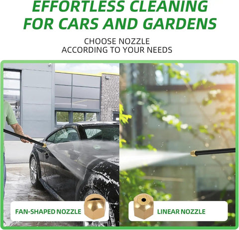 High Pressure Hose Nozzle Set With Hydro Jet Wand, Dual Nozzles, Quick Connectors, Wash Glove And PTFE Tape For Garden, Car, Patio And Window Cleaning, Beastly Powerful Water Jet For Tough Dirt, Blue, showing fan-shaped and linear nozzles in use for car and garden cleaning.